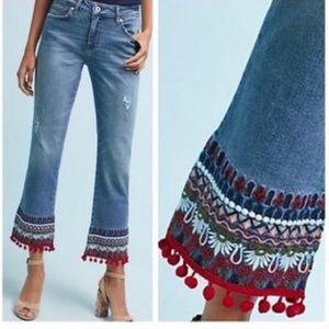 Anthro Pilcro and the Letterpress Distressed Embroidered Pom Pom Hem Jeans